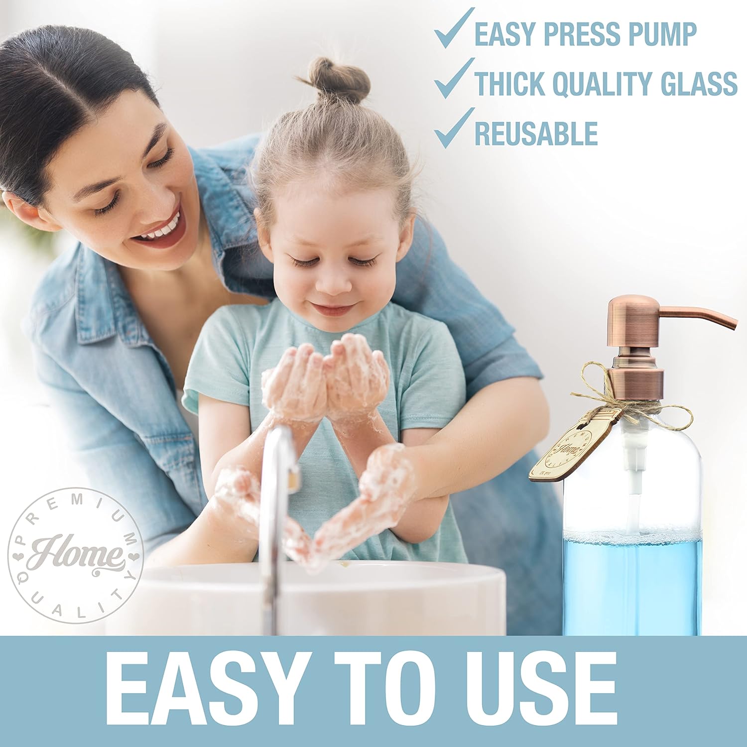 Clear Glass Dish Soap Dispenser for Kitchen Countertop - Liquid Hand Soap Dispenser for Bathroom - Perfect for Lotion, Oils, Mouthwash (Rustproof Copper Pump, 16 Ounces)