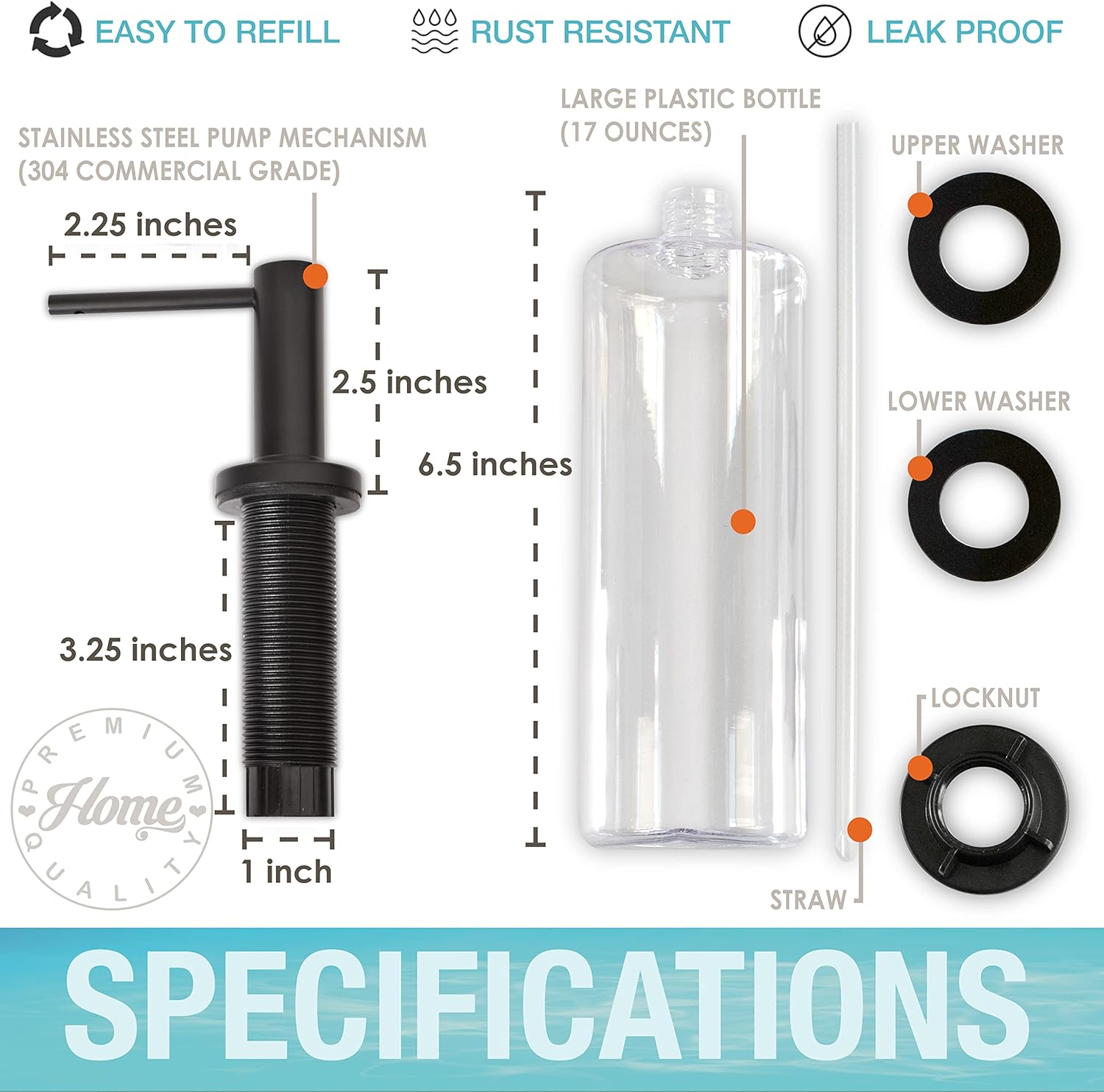 Kitchen Sink Soap Dispenser Pump - Solid Stainless Steel - 17 Ounce Soap Bottle - Dish Soap Dispenser for Kitchen Sink - (Commercial Grade 304 Stainless Steel Pump, Matte Black Finish, Rustproof)