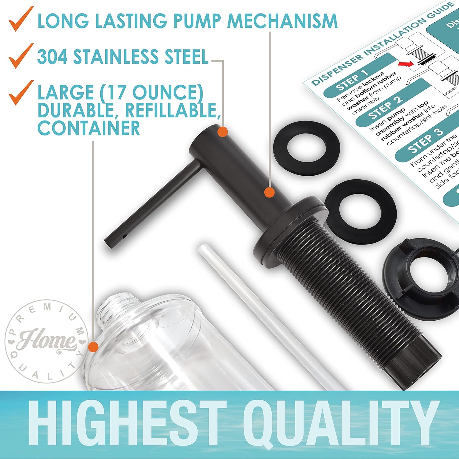 Kitchen Sink Soap Dispenser Pump - Solid Stainless Steel - 17 Ounce Soap Bottle - Dish Soap Dispenser for Kitchen Sink - (Commercial Grade 304 Stainless Steel Pump, Matte Black Finish, Rustproof)