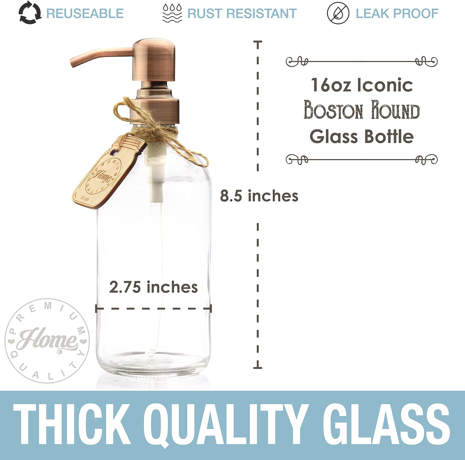 Clear Glass Dish Soap Dispenser for Kitchen Countertop - Liquid Hand Soap Dispenser for Bathroom - Perfect for Lotion, Oils, Mouthwash (Rustproof Copper Pump, 16 Ounces)