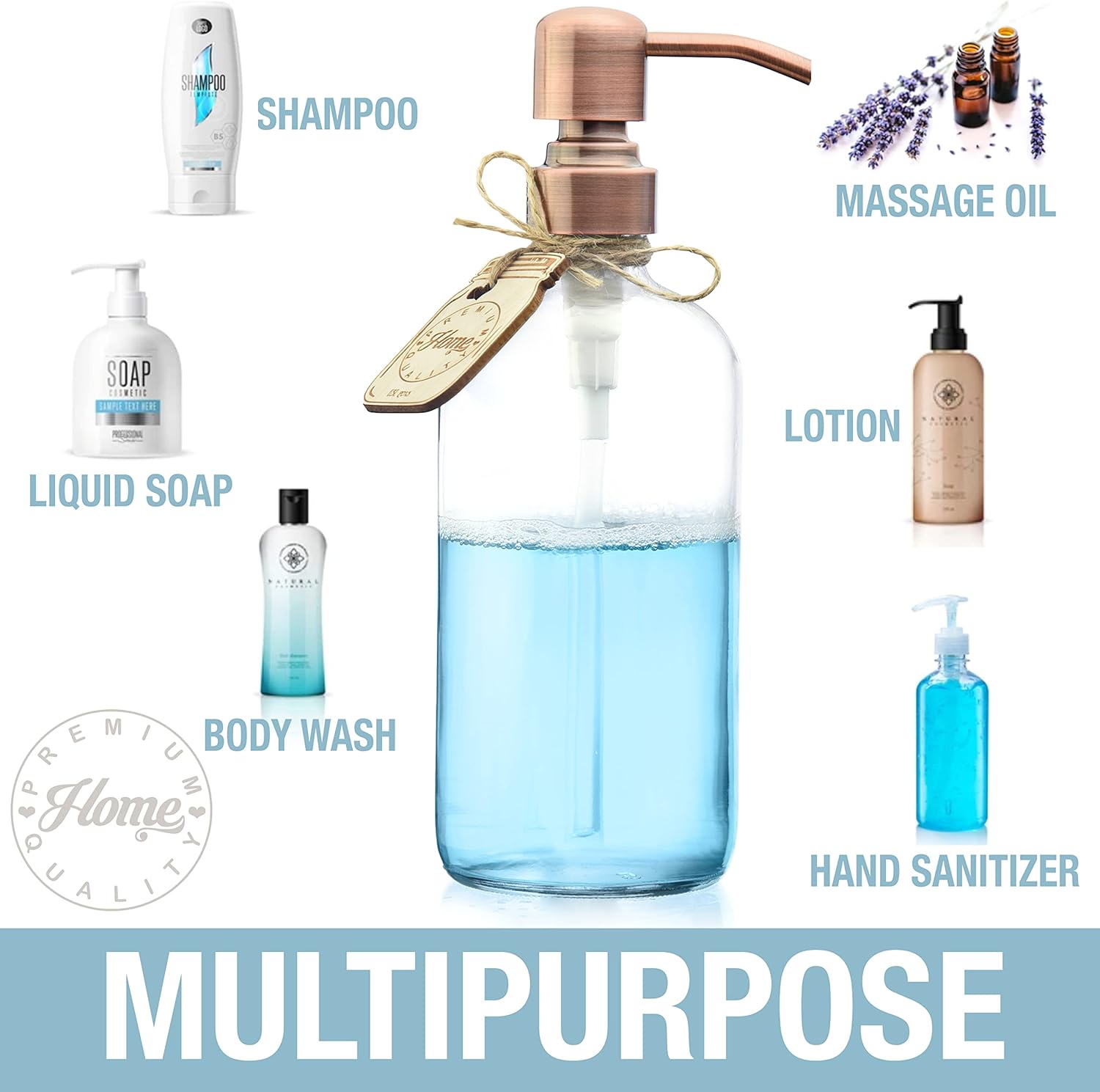 Clear Glass Dish Soap Dispenser for Kitchen Countertop - Liquid Hand Soap Dispenser for Bathroom - Perfect for Lotion, Oils, Mouthwash (Rustproof Copper Pump, 16 Ounces)