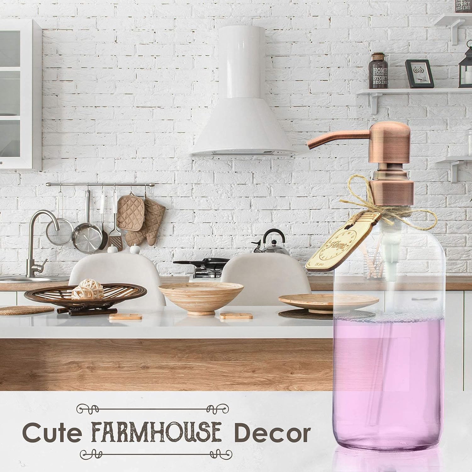 Clear Glass Dish Soap Dispenser for Kitchen Countertop - Liquid Hand Soap Dispenser for Bathroom - Perfect for Lotion, Oils, Mouthwash (Rustproof Copper Pump, 16 Ounces)