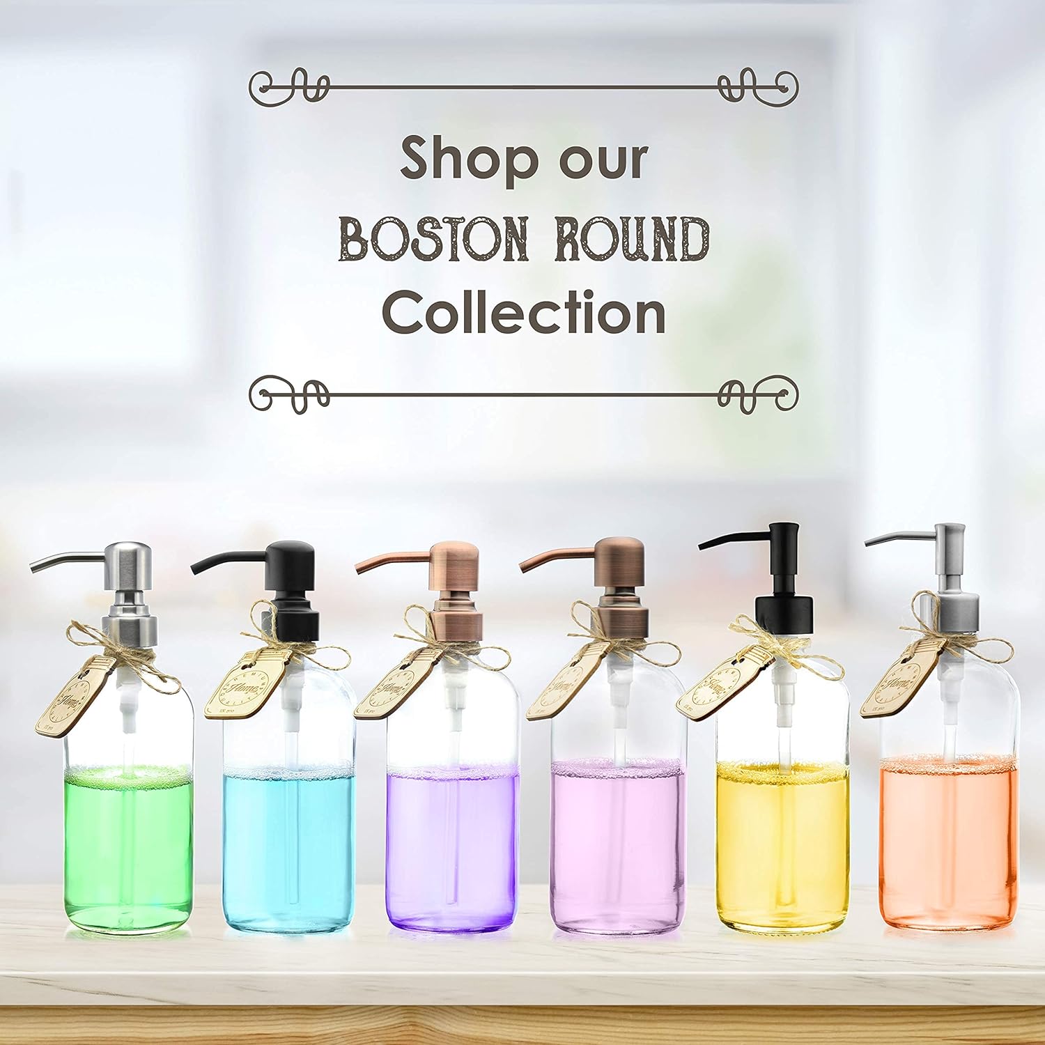 Clear Glass Dish Soap Dispenser for Kitchen Countertop - Liquid Hand Soap Dispenser for Bathroom - Perfect for Lotion, Oils, Mouthwash (Rustproof Copper Pump, 16 Ounces)