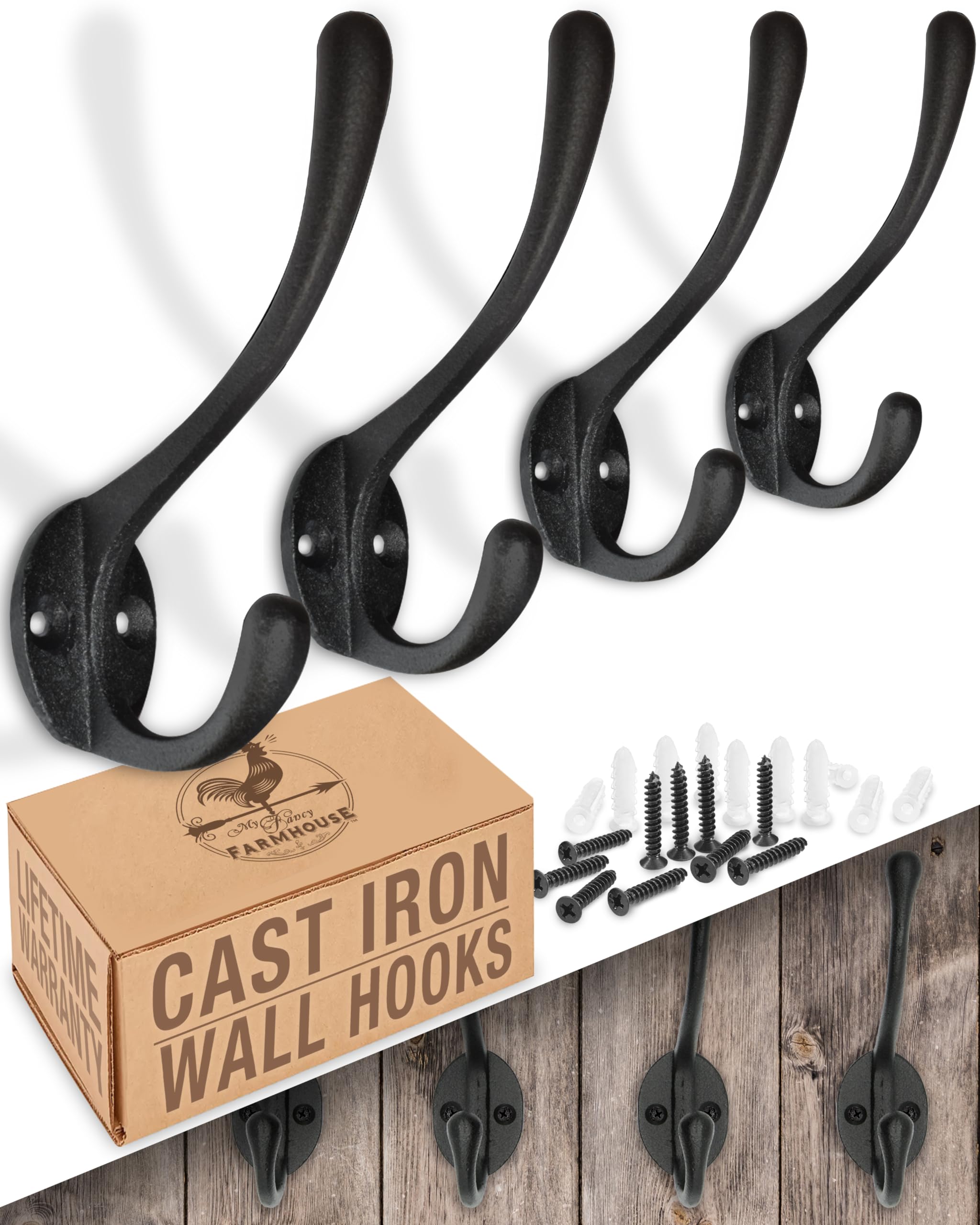 Rustic Cast Iron Coat Hooks Wall Mounted Farmhouse Decorative Wall Hooks, Vintage Hooks for Hanging Coats, Bags, Hats, Towels