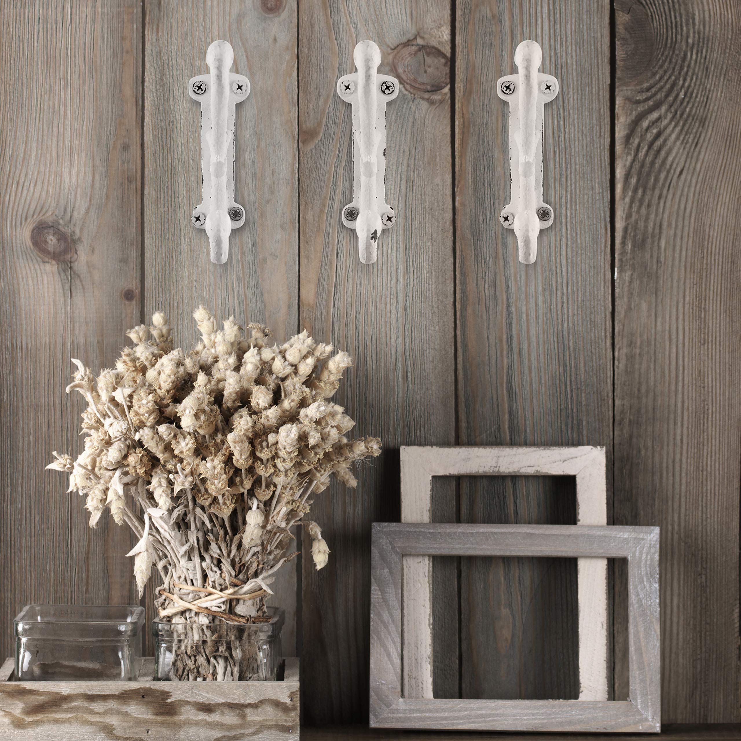 Rustic Cast Iron Coat Hooks (3 Pack) Antique White and Dark Brown, Wall Mounted, Farmhouse Decorative, Heavy Duty Wall Hooks for Hanging Coats, Hats, Towels (Mounting Hardware Included)
