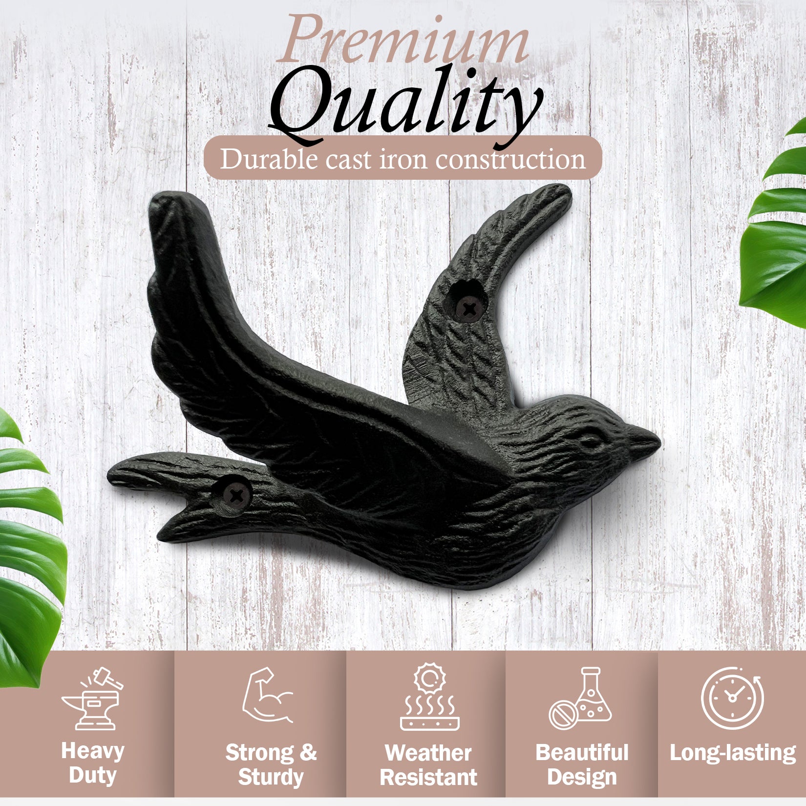 Flying Bird Cast Iron Hooks (5 Pack) Non Rusting Interior or Exterior Decorative Wall Hooks - Farmhouse Decor for Coats, Bags, Hats, Towels, Easy to Install (Black Hooks)