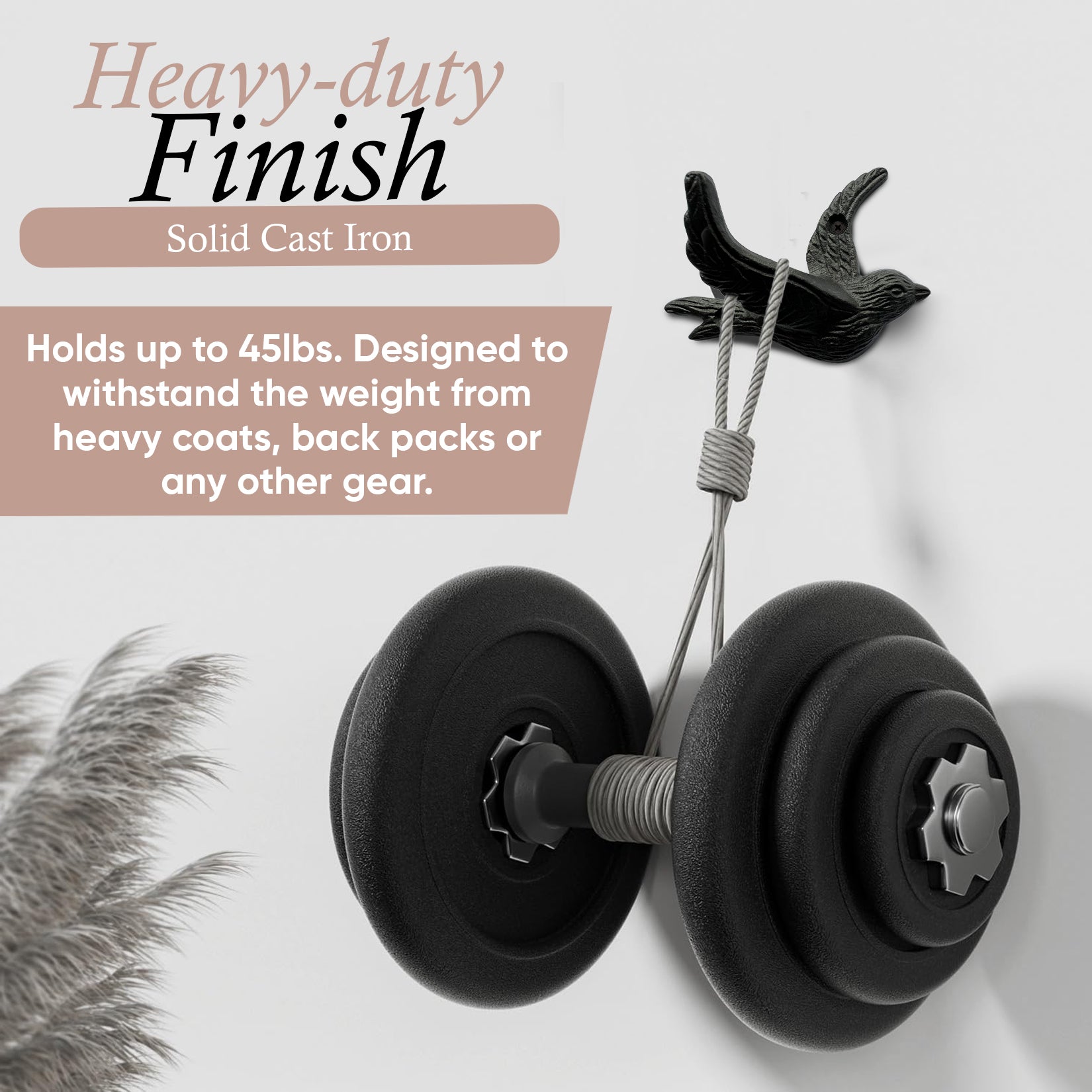 Flying Bird Cast Iron Hooks (5 Pack) Non Rusting Interior or Exterior Decorative Wall Hooks - Farmhouse Decor for Coats, Bags, Hats, Towels, Easy to Install (Black Hooks)