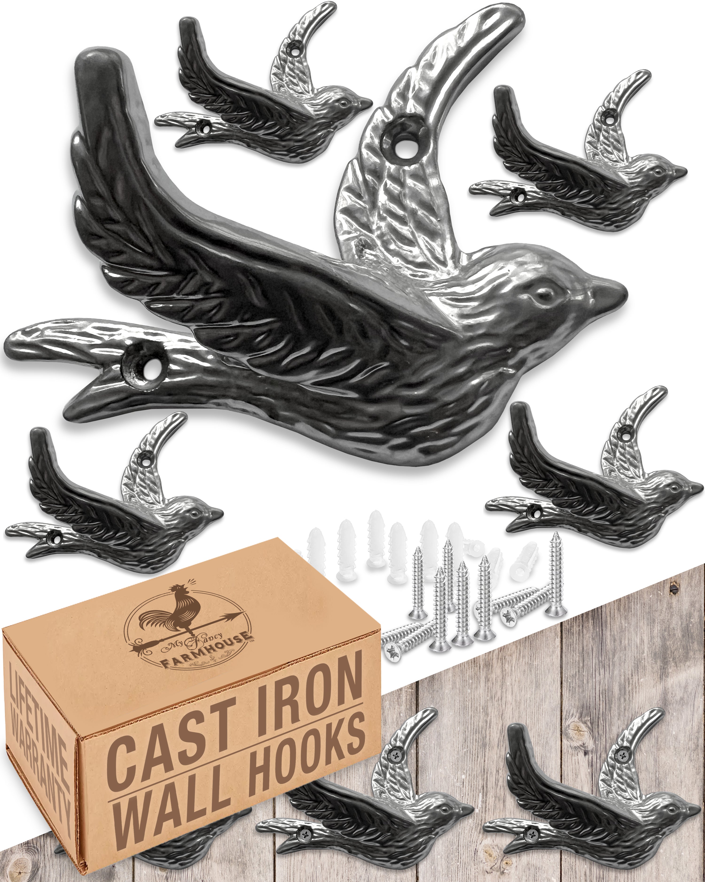Flying Bird Cast Iron Hooks (5 Pack) Non Rusting Interior or Exterior Decorative Wall Hooks - Farmhouse Decor for Coats, Bags, Hats, Towels, Easy to Install (Silver Hooks)