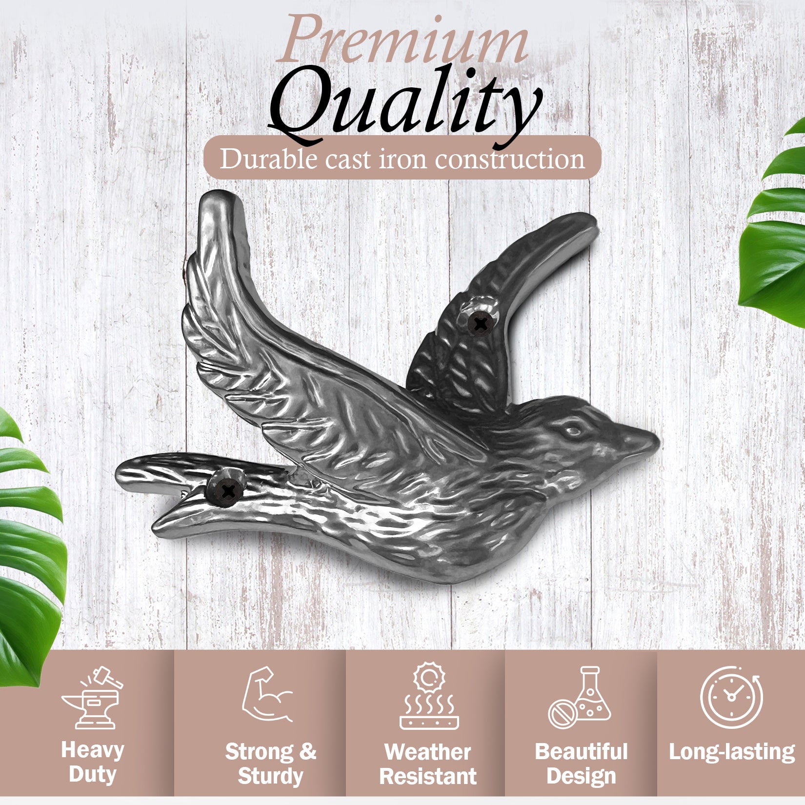 Flying Bird Cast Iron Hooks (5 Pack) Non Rusting Interior or Exterior Decorative Wall Hooks - Farmhouse Decor for Coats, Bags, Hats, Towels, Easy to Install (Silver Hooks)