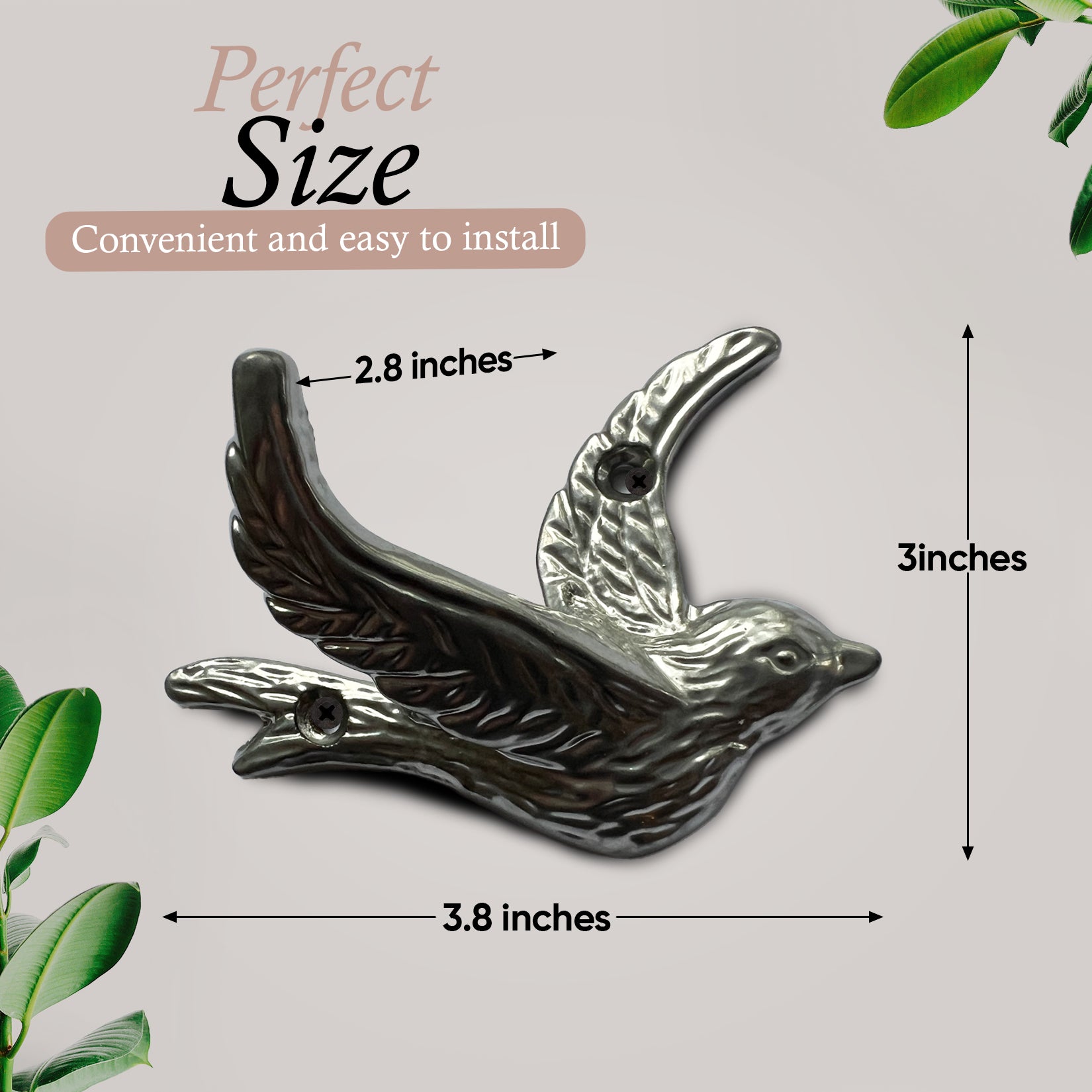 Flying Bird Cast Iron Hooks (5 Pack) Non Rusting Interior or Exterior Decorative Wall Hooks - Farmhouse Decor for Coats, Bags, Hats, Towels, Easy to Install (Silver Hooks)