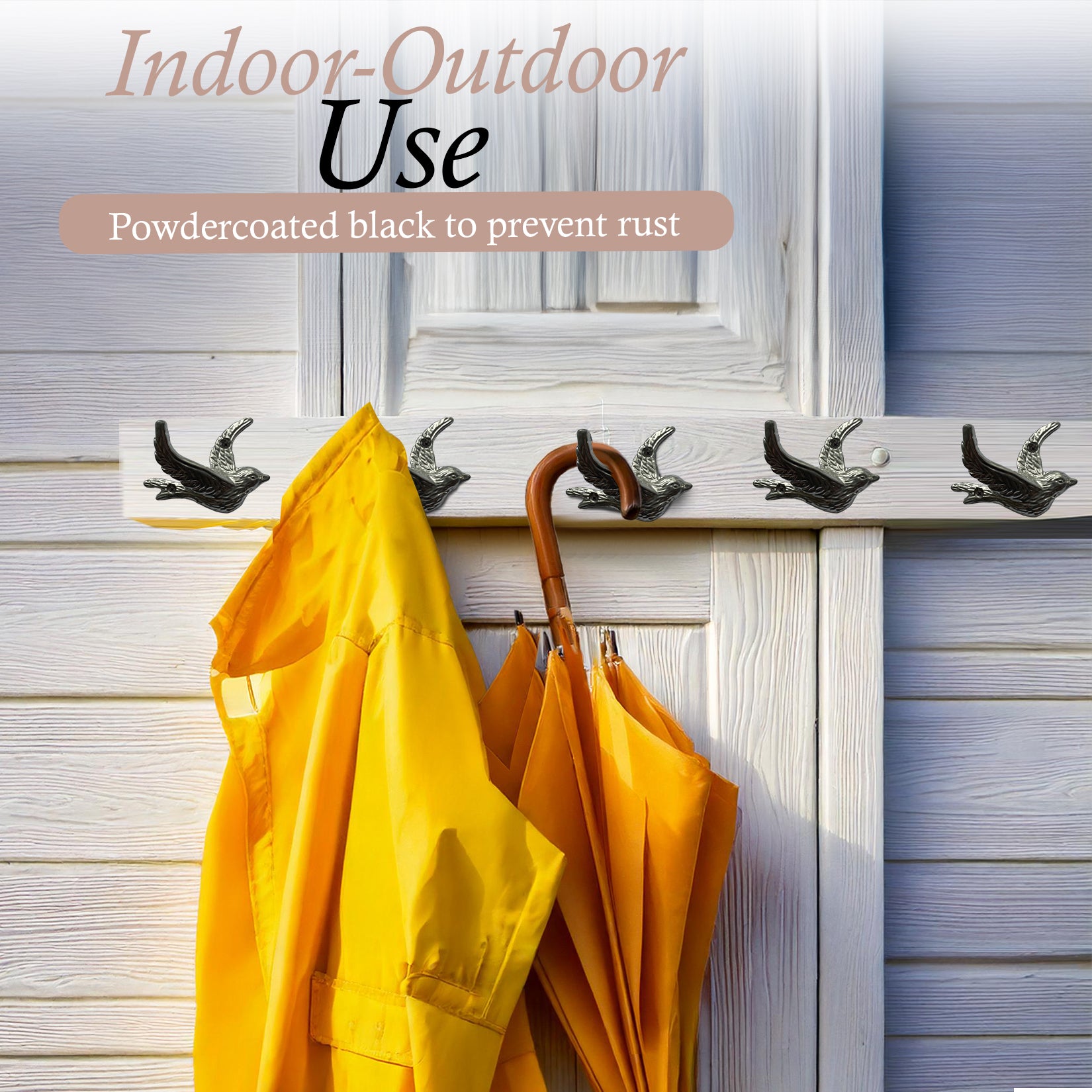 Flying Bird Cast Iron Hooks (5 Pack) Non Rusting Interior or Exterior Decorative Wall Hooks - Farmhouse Decor for Coats, Bags, Hats, Towels, Easy to Install (Silver Hooks)