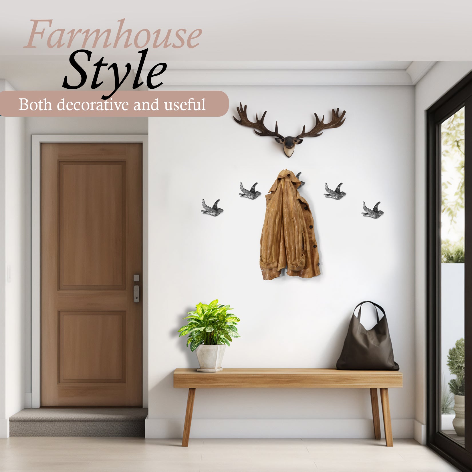 Flying Bird Cast Iron Hooks (5 Pack) Non Rusting Interior or Exterior Decorative Wall Hooks - Farmhouse Decor for Coats, Bags, Hats, Towels, Easy to Install (Silver Hooks)