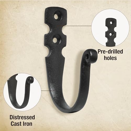 Cast Iron Wall Hooks (5 Pack) Handmade Blacksmith - Wall Mounted J Hooks - Farmhouse Decorative - Vintage Hooks for Hanging Coats, Bags or Pots in Pantry (2 Screws Each Hook for Strength)