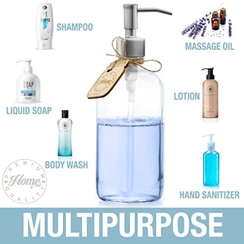 Brushed Nickel Soap Dispenser (2 Pack) Glass Bottle Shampoo and Conditioner Dispenser - Hand Soap, Lotion, Liquid Soap, Dish Soap Dispenser, Mouthwash Dispenser (16oz Nickel Stainless Steel Pump)