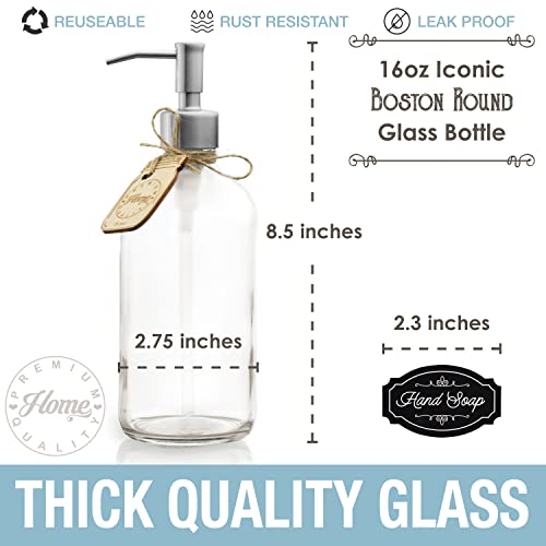 Brushed Nickel Soap Dispenser (2 Pack) Glass Bottle Shampoo and Conditioner Dispenser - Hand Soap, Lotion, Liquid Soap, Dish Soap Dispenser, Mouthwash Dispenser (16oz Nickel Stainless Steel Pump)