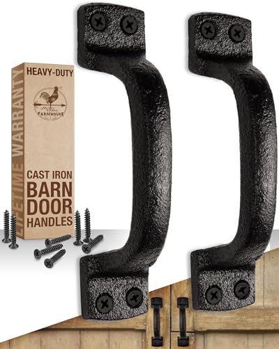 Rustic Barn Door Handles (2 Pack) Heavy Duty - Black Cast Iron Gate Handles - Shed Door or Garage Door Handles - Includes Hardware (6 1/4 inches, Indoor or Outdoor Farmhouse Decor)