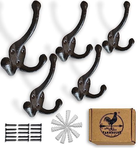 Rustic Cast Iron Coat Hooks Wall Mounted Farmhouse Decorative Tri Leg Wall Hooks, Vintage Hooks for Hanging Coats, Bags, Hats, Towels (Black, Large Triple Hooks - Set of 5)