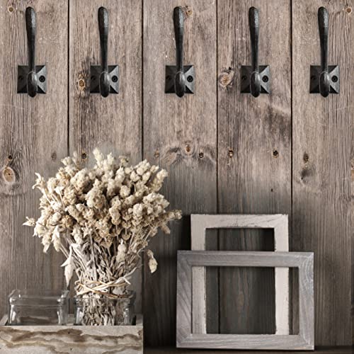 Rustic Wall Hooks for Hanging (5 Pack) Cast Iron Black Coat Hooks Wall Mounted - Farmhouse Decor Square Base Hooks for Coats, Bags, Hats, Towels