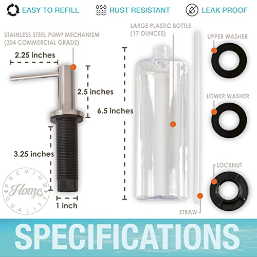 Kitchen Sink Soap Dispenser Pump - Solid Stainless Steel - 17 Ounce Soap Bottle - Dish Soap Dispenser for Kitchen Sink - (Commercial Grade 304 Stainless Steel Pump, Nickel Finish, Rustproof)