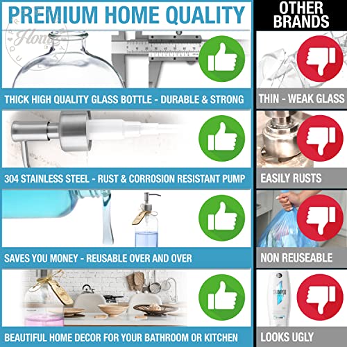 Brushed Nickel Soap Dispenser (2 Pack) Glass Bottle Shampoo and Conditioner Dispenser - Hand Soap, Lotion, Liquid Soap, Dish Soap Dispenser, Mouthwash Dispenser (16oz Nickel Stainless Steel Pump)