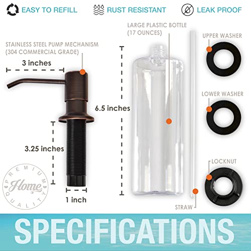 Dish Soap Dispenser for Kitchen Sink - Stainless Steel Pump - Large 17 Ounce Soap Bottle - Mounts to Your Sink Counter - Built-in Dispenser (Rustproof Oil Rubbed Bronze Finish)