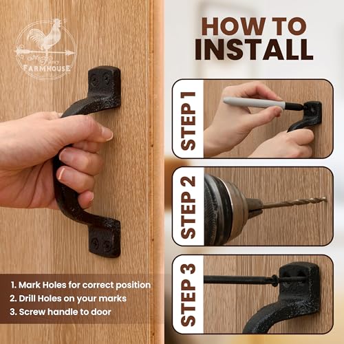 Rustic Barn Door Handles (2 Pack) Heavy Duty - Black Cast Iron Gate Handles - Shed Door or Garage Door Handles - Includes Hardware (6 1/4 inches, Indoor or Outdoor Farmhouse Decor)