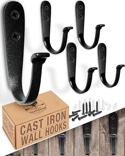 Cast Iron Wall Hooks (5 Pack) Handmade Blacksmith - Wall Mounted J Hooks - Farmhouse Decorative - Vintage Hooks for Hanging Coats, Bags or Pots in Pantry (Black)