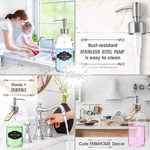 Brushed Nickel Soap Dispenser (2 Pack) Glass Bottle Shampoo and Conditioner Dispenser - Hand Soap, Lotion, Liquid Soap, Dish Soap Dispenser, Mouthwash Dispenser (16oz Nickel Stainless Steel Pump)