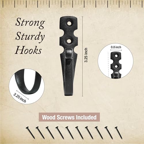 Cast Iron Wall Hooks (5 Pack) Handmade Blacksmith - Wall Mounted J Hooks - Farmhouse Decorative - Vintage Hooks for Hanging Coats, Bags or Pots in Pantry (2 Screws Each Hook for Strength)
