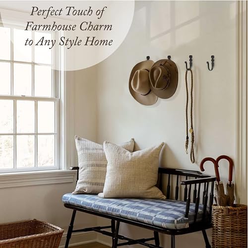 Cast Iron Wall Hooks (5 Pack) Handmade Blacksmith - Wall Mounted J Hooks - Farmhouse Decorative - Vintage Hooks for Hanging Coats, Bags or Pots in Pantry (2 Screws Each Hook for Strength)