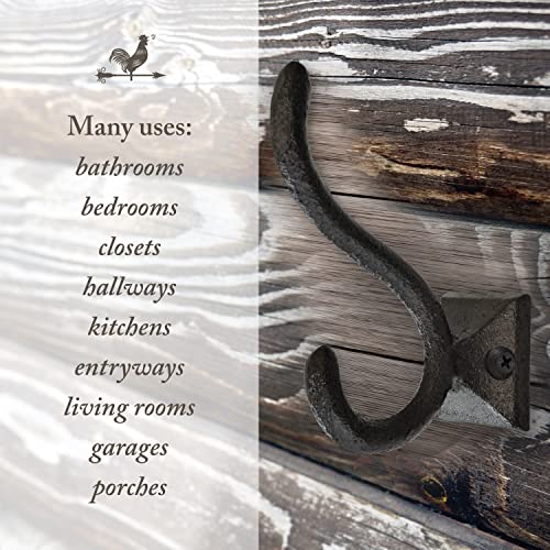 Rustic Wall Hooks for Hanging (5 Pack) Cast Iron Black Coat Hooks Wall Mounted - Farmhouse Decor Square Base Hooks for Coats, Bags, Hats, Towels