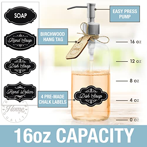 Brushed Nickel Soap Dispenser (2 Pack) Glass Bottle Shampoo and Conditioner Dispenser - Hand Soap, Lotion, Liquid Soap, Dish Soap Dispenser, Mouthwash Dispenser (16oz Nickel Stainless Steel Pump)