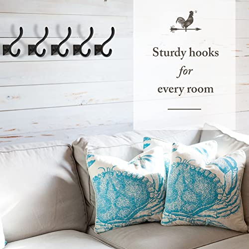 Rustic Wall Hooks for Hanging (5 Pack) Cast Iron Black Coat Hooks Wall Mounted - Farmhouse Decor Square Base Hooks for Coats, Bags, Hats, Towels