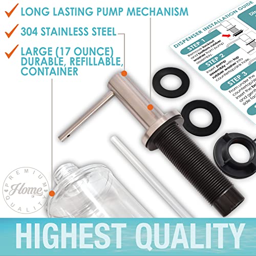 Kitchen Sink Soap Dispenser Pump - Solid Stainless Steel - 17 Ounce Soap Bottle - Dish Soap Dispenser for Kitchen Sink - (Commercial Grade 304 Stainless Steel Pump, Nickel Finish, Rustproof)