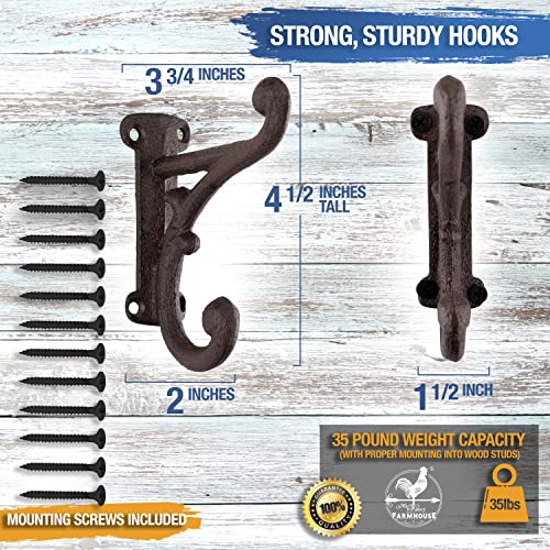 Rustic Cast Iron Coat Hooks (3 Pack) Antique White and Dark Brown, Wall Mounted, Farmhouse Decorative, Heavy Duty Wall Hooks for Hanging Coats, Hats, Towels (Mounting Hardware Included)