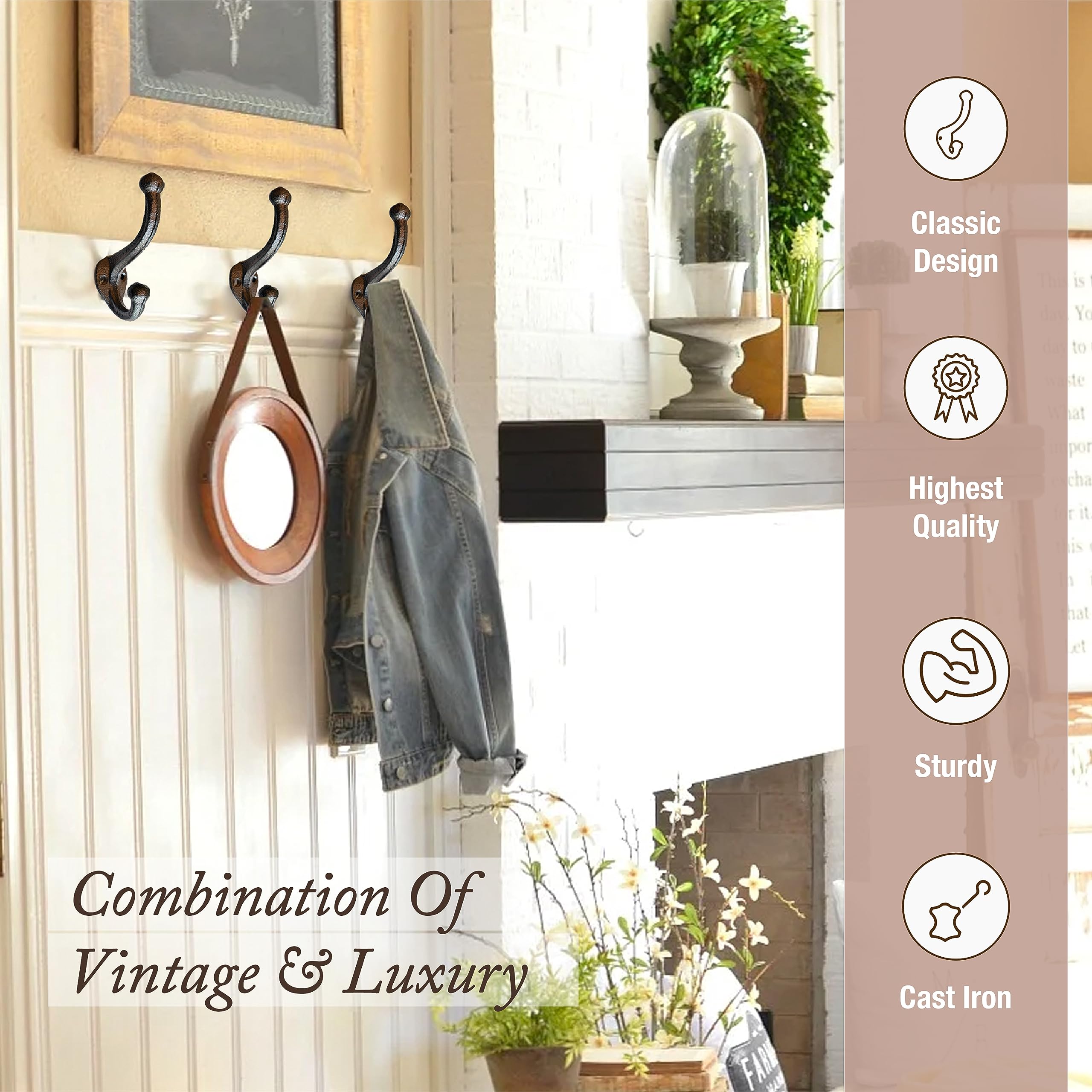 Rustic Cast Iron Coat Hooks Wall Mounted Farmhouse Decorative Wall Hooks, Vintage Hooks for Hanging Coats, Bags, Hats, Towels