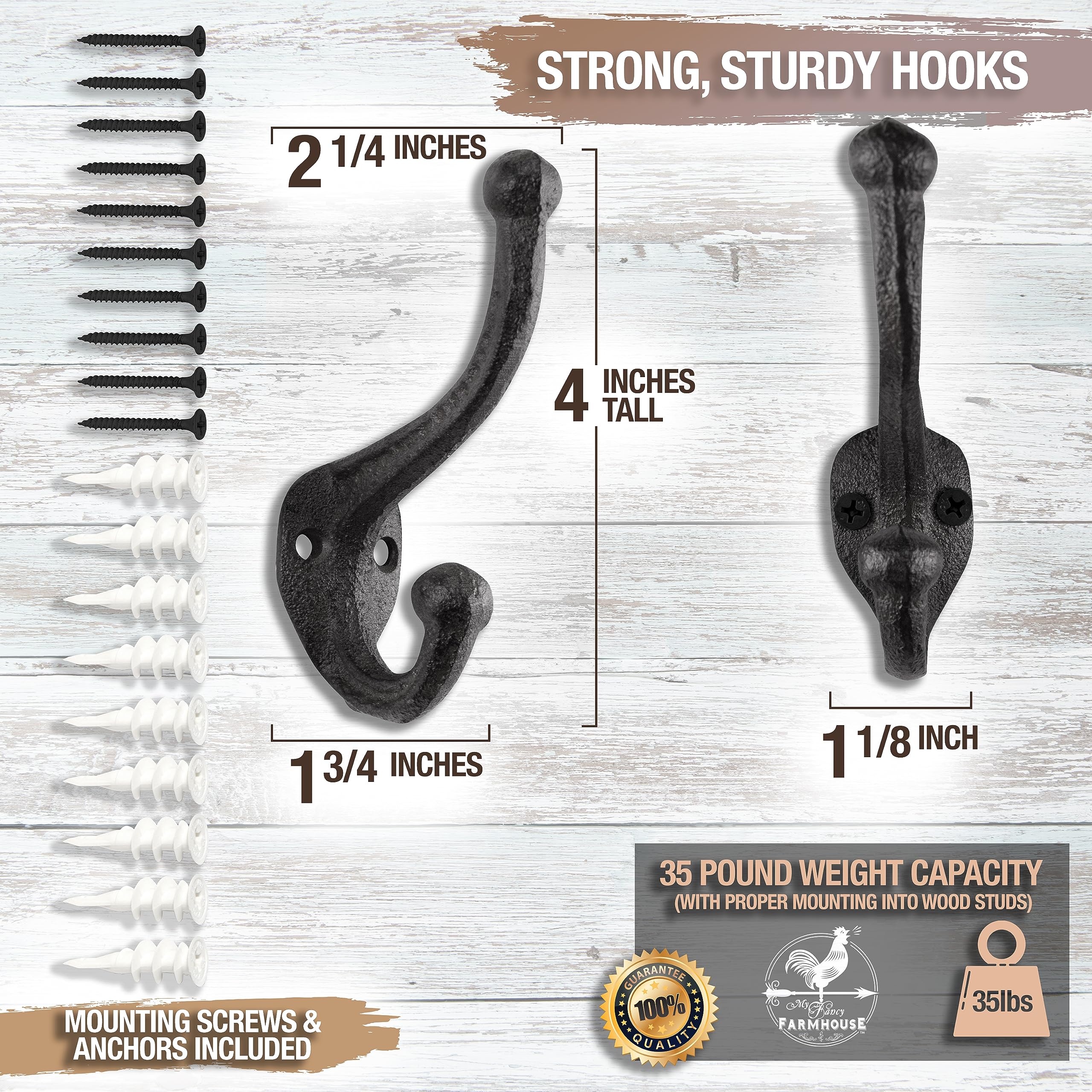 Rustic Cast Iron Coat Hooks Wall Mounted Farmhouse Decorative Wall Hooks, Vintage Hooks for Hanging Coats, Bags, Hats, Towels