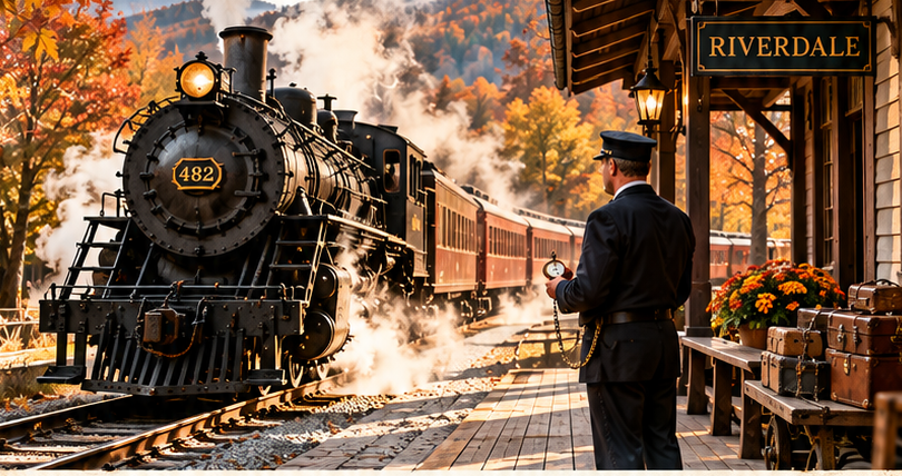 Steam locomotive 482 at Riverdale station on an autumn morning