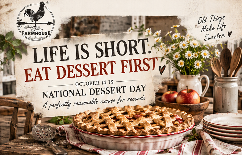 Lattice apple pie on a farmhouse table — Life is short. Eat dessert first. National Dessert Day, October 14, 2026.