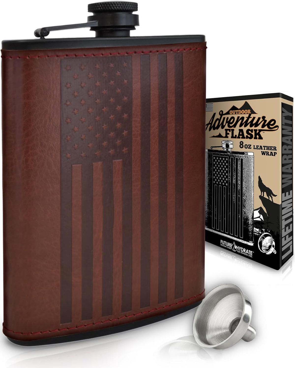SKU:BRN-FLG-BLKF | Brown Leather Wrap - American Flag - Black Flask | ASIN:B0C1TR9QXC | gallery 1