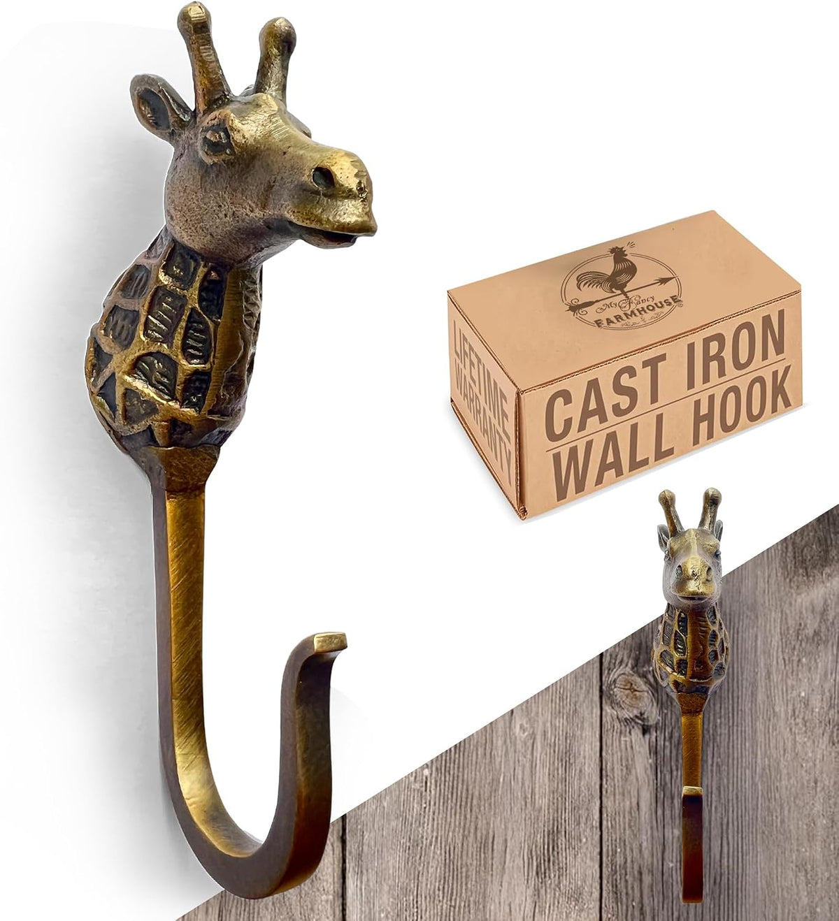Cast Iron Giraffe Hook, Large, Heavy Duty, 5.5 inch Tall, Farmhouse Decorative Wall Hook, Vintage Decor for Hanging Coats, Bags, Hats, Towels (Antique Bronze)