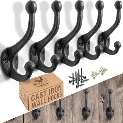 Rustic Cast Iron Coat Hooks Wall Mounted Farmhouse Decorative Wall Hooks, Vintage Hooks for Hanging Coats, Bags, Hats, Towels