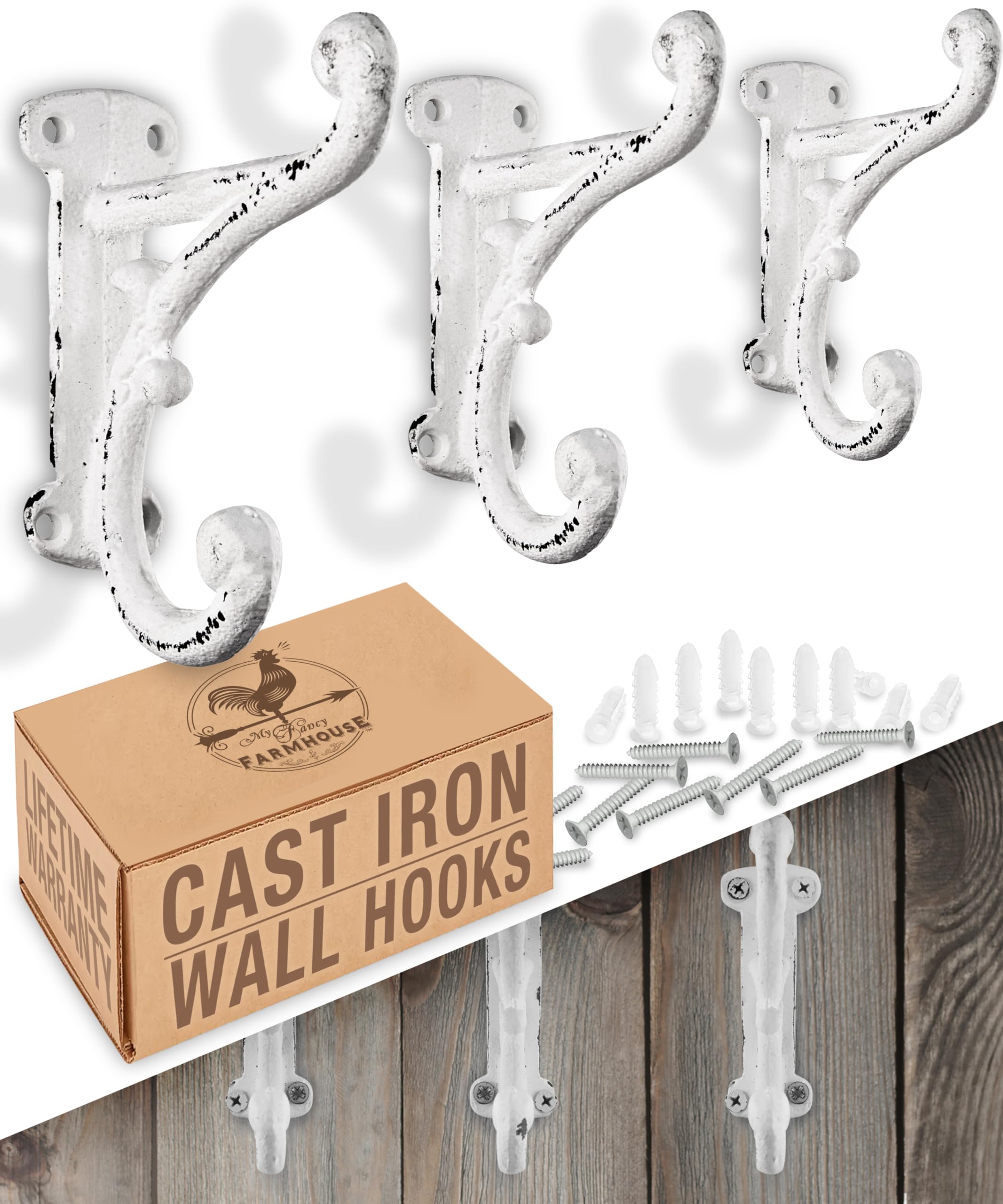 Rustic Cast Iron Coat Hooks (3 Pack) Antique White and Dark Brown, Wall Mounted, Farmhouse Decorative, Heavy Duty Wall Hooks for Hanging Coats, Hats, Towels (Mounting Hardware Included)