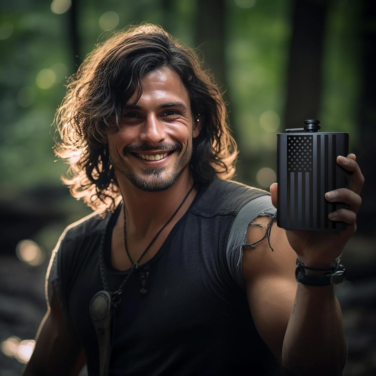SKU:BLACK-FLAG-FLASK | Matte Black - American Flag | ASIN:B0CD4KWKPZ | gallery 2