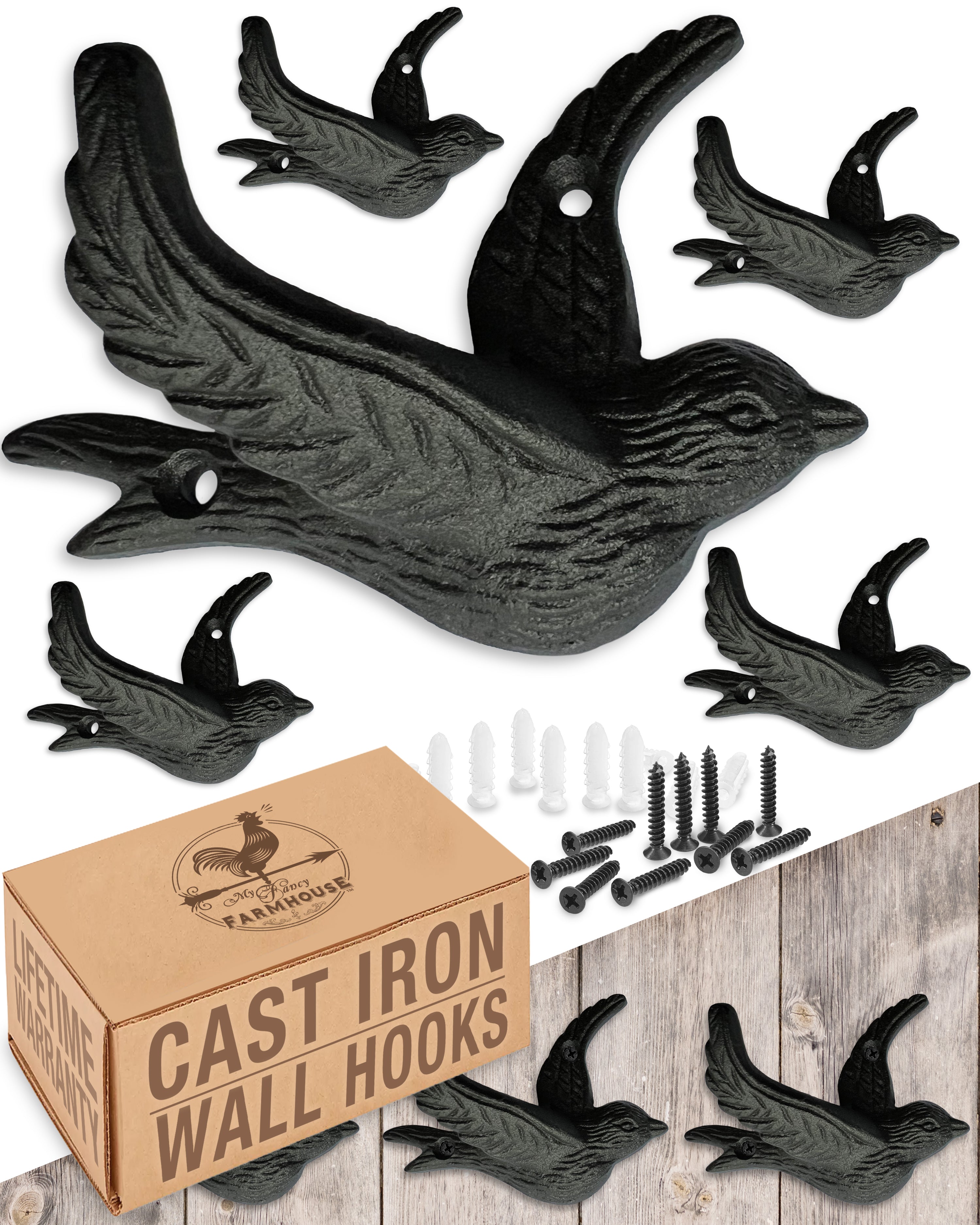 Flying Bird Cast Iron Hooks (5 Pack) Non Rusting Interior or Exterior Decorative Wall Hooks - Farmhouse Decor for Coats, Bags, Hats, Towels, Easy to Install (Black Hooks)