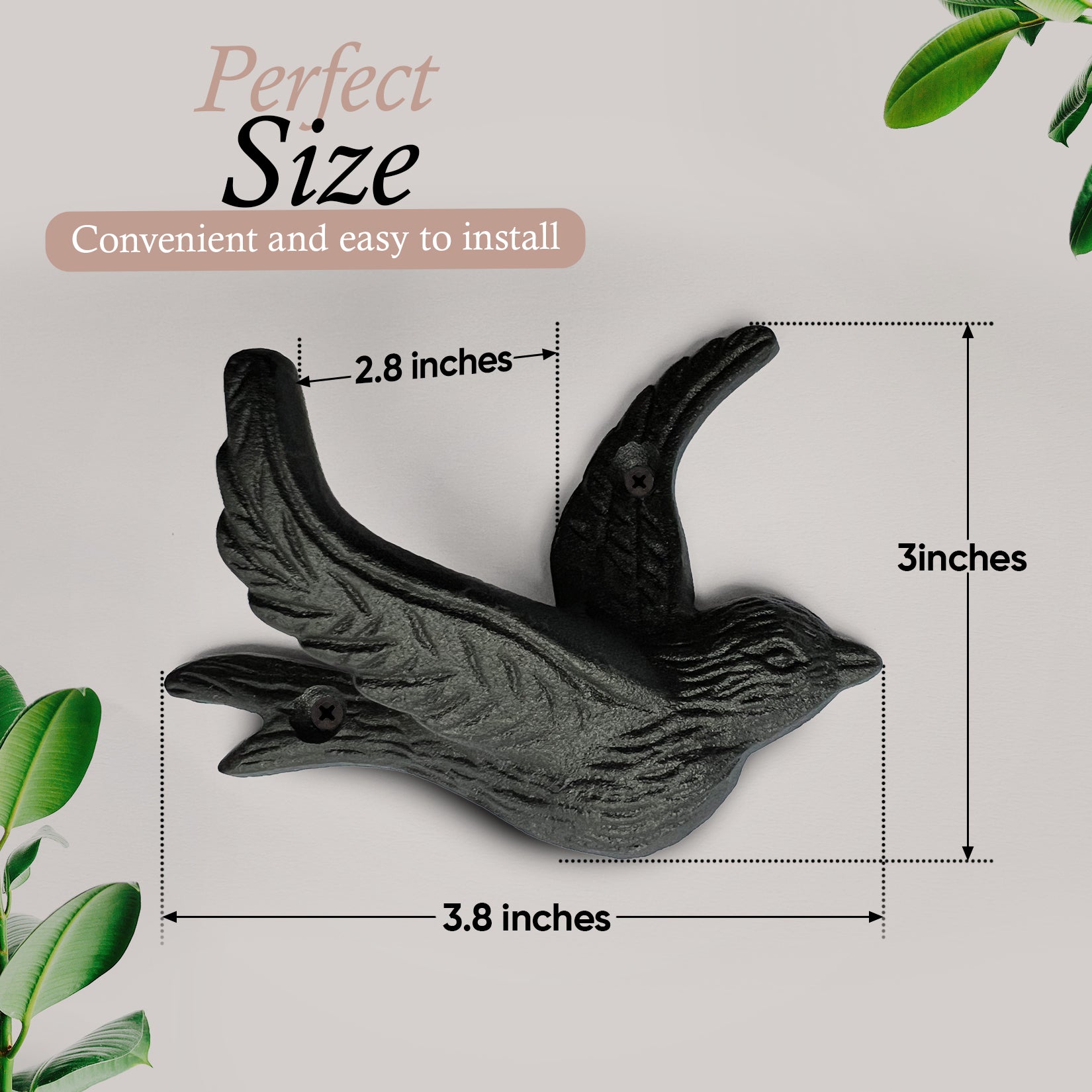 Flying Bird Cast Iron Hooks (5 Pack) Non Rusting Interior or Exterior Decorative Wall Hooks - Farmhouse Decor for Coats, Bags, Hats, Towels, Easy to Install (Black Hooks)