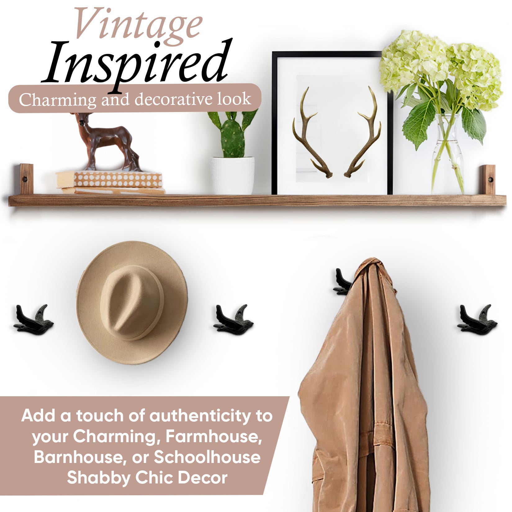 Flying Bird Cast Iron Hooks (5 Pack) Non Rusting Interior or Exterior Decorative Wall Hooks - Farmhouse Decor for Coats, Bags, Hats, Towels, Easy to Install (Black Hooks)