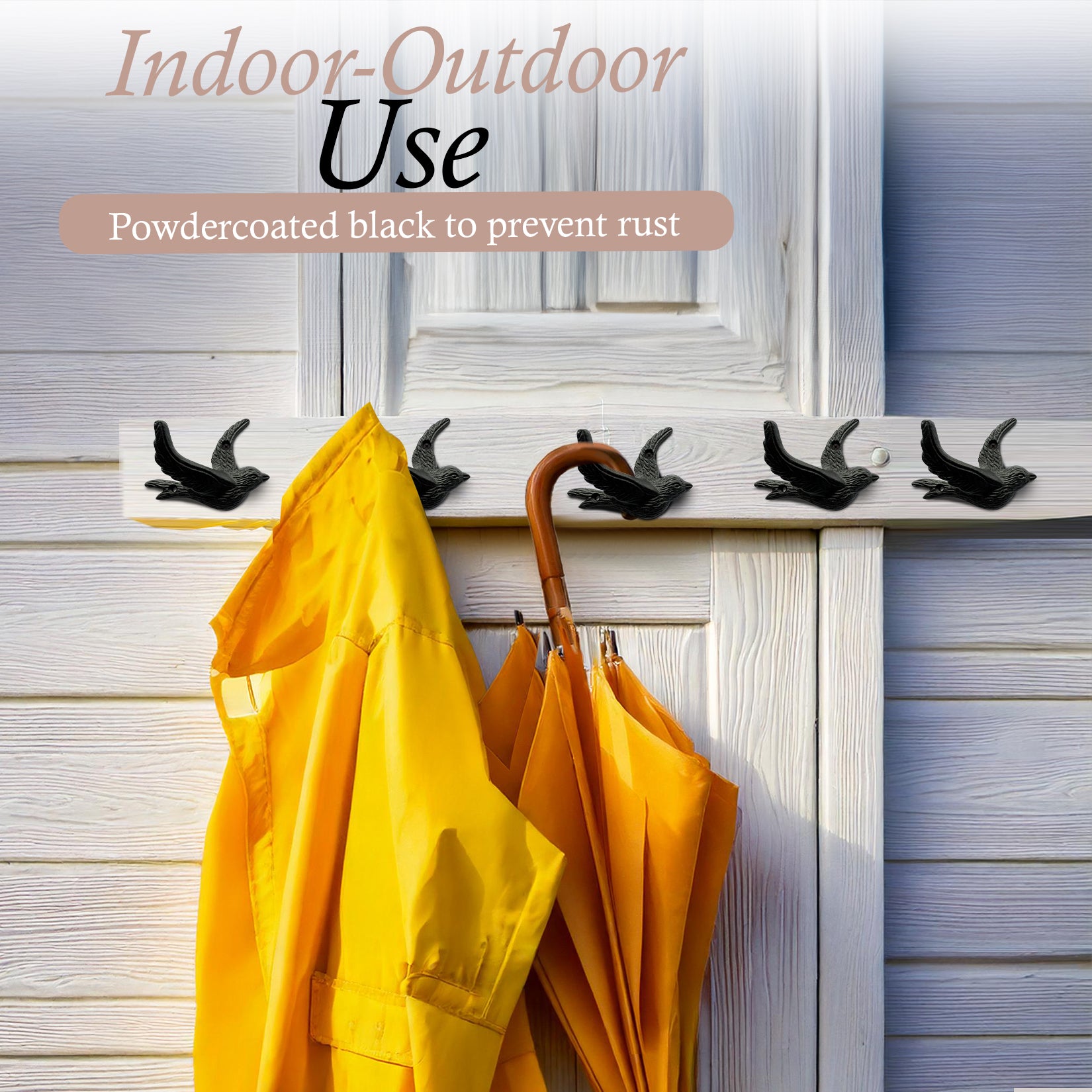 Flying Bird Cast Iron Hooks (5 Pack) Non Rusting Interior or Exterior Decorative Wall Hooks - Farmhouse Decor for Coats, Bags, Hats, Towels, Easy to Install (Black Hooks)