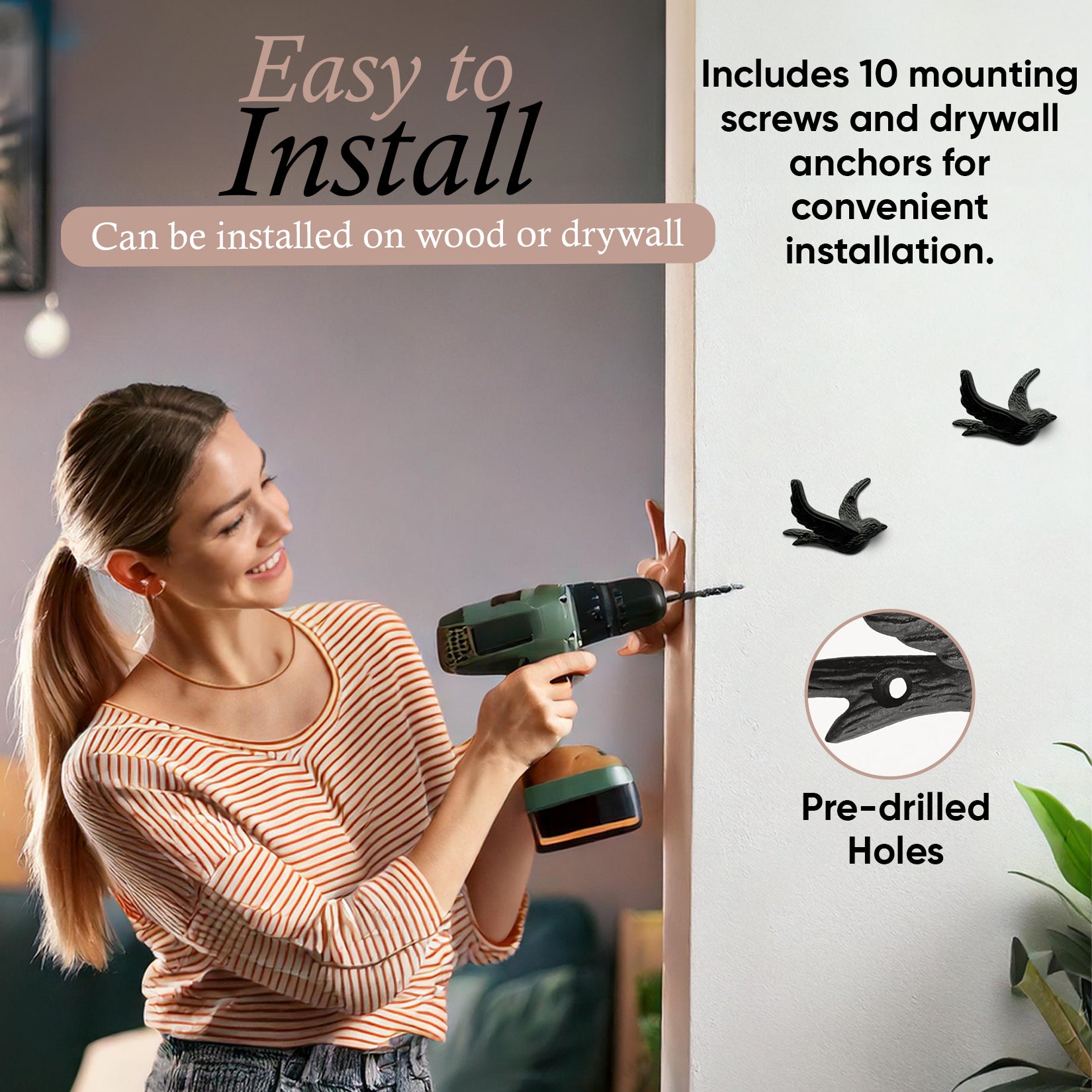 Flying Bird Cast Iron Hooks (5 Pack) Non Rusting Interior or Exterior Decorative Wall Hooks - Farmhouse Decor for Coats, Bags, Hats, Towels, Easy to Install (Black Hooks)