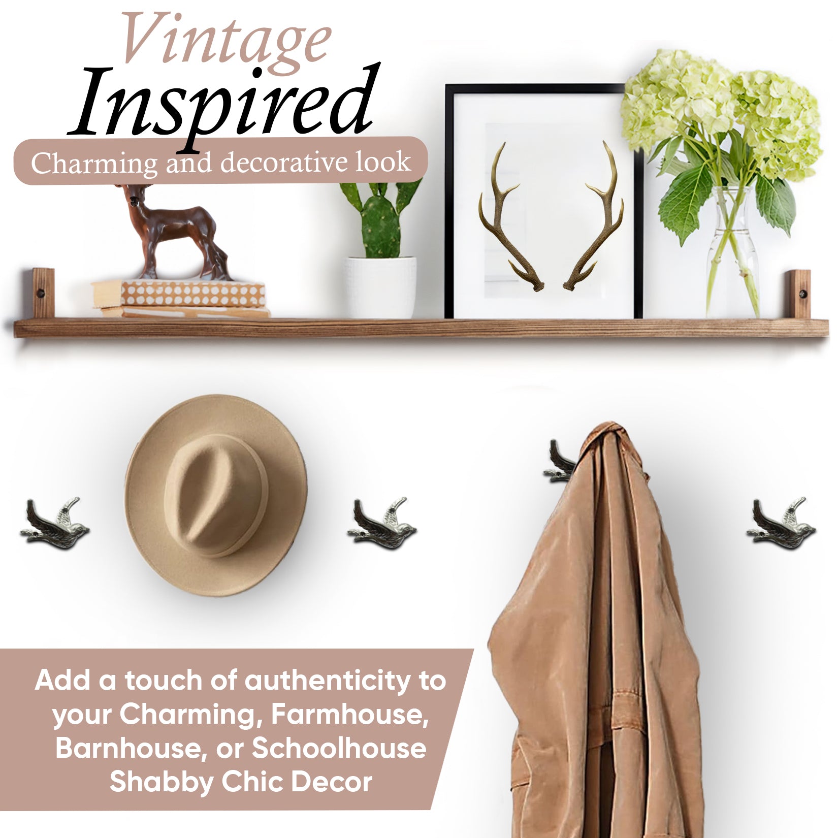 Flying Bird Cast Iron Hooks (5 Pack) Non Rusting Interior or Exterior Decorative Wall Hooks - Farmhouse Decor for Coats, Bags, Hats, Towels, Easy to Install (Silver Hooks)